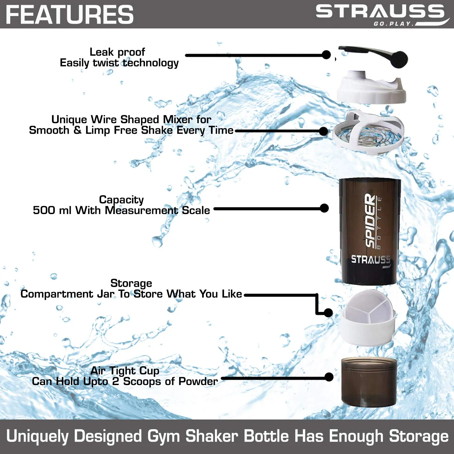 STRAUSS Spider Gym Shaker Bottle | Shakers for Protein Shake with 2 Storage Compartment | Leakproof Gym Protein Shaker for Post and Pre-Workout Drink | 100% BPA Free (500 ML, Pack of 1,White)
