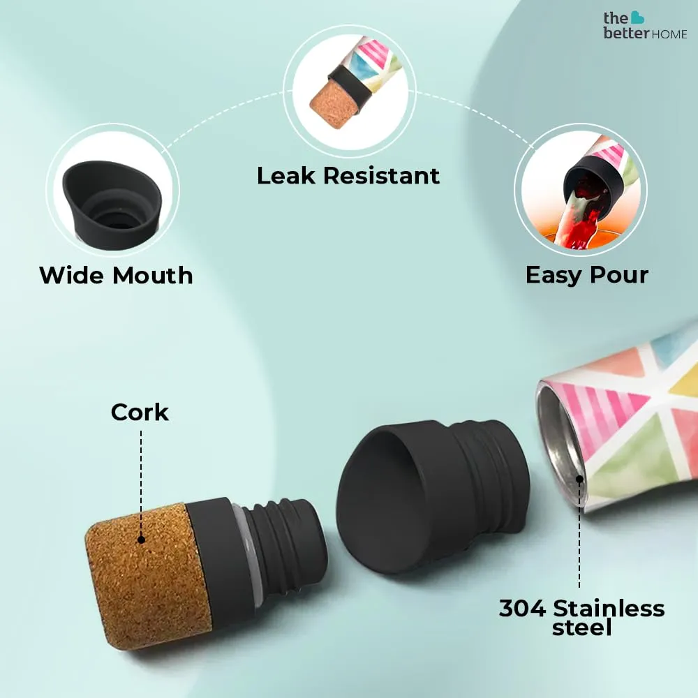 The Better Home Insulated Stainless Steel Water Bottle 500ml | 18 Hours Insulation Cork Cap | Hot Cold Gym Office School | Airtight Leak Proof BPA Free | Splash Design Multicolour | 1 Bottle Pack