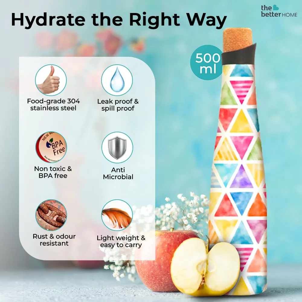 The Better Home Insulated Stainless Steel Water Bottle 500ml | 18 Hours Insulation Cork Cap | Hot Cold Gym Office School | Airtight Leak Proof BPA Free | Splash Design Multicolour | 1 Bottle Pack