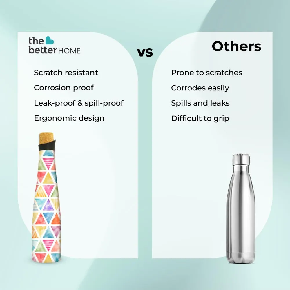 The Better Home Insulated Stainless Steel Water Bottle 500ml | 18 Hours Insulation Cork Cap | Hot Cold Gym Office School | Airtight Leak Proof BPA Free | Splash Design Multicolour | 1 Bottle Pack