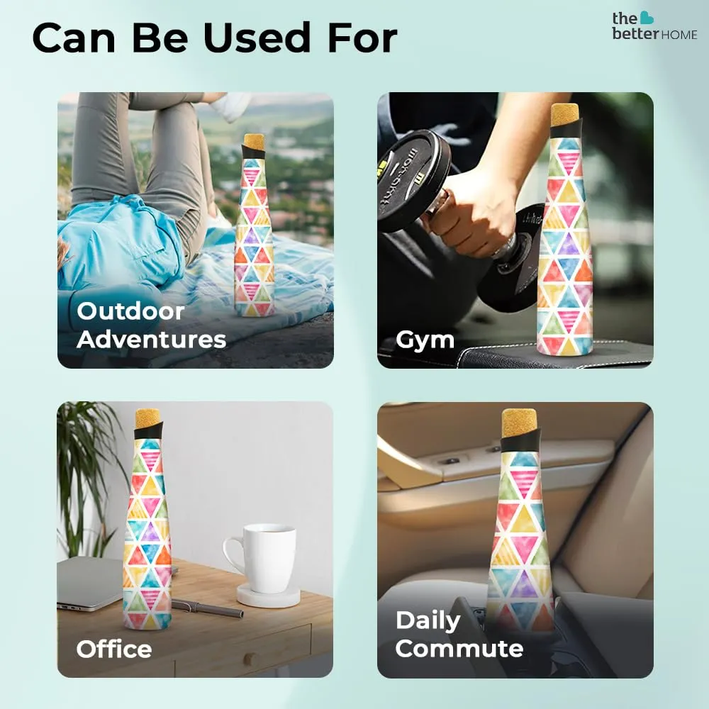 The Better Home Insulated Stainless Steel Water Bottle 500ml | 18 Hours Insulation Cork Cap | Hot Cold Gym Office School | Airtight Leak Proof BPA Free | Splash Design Multicolour | 1 Bottle Pack