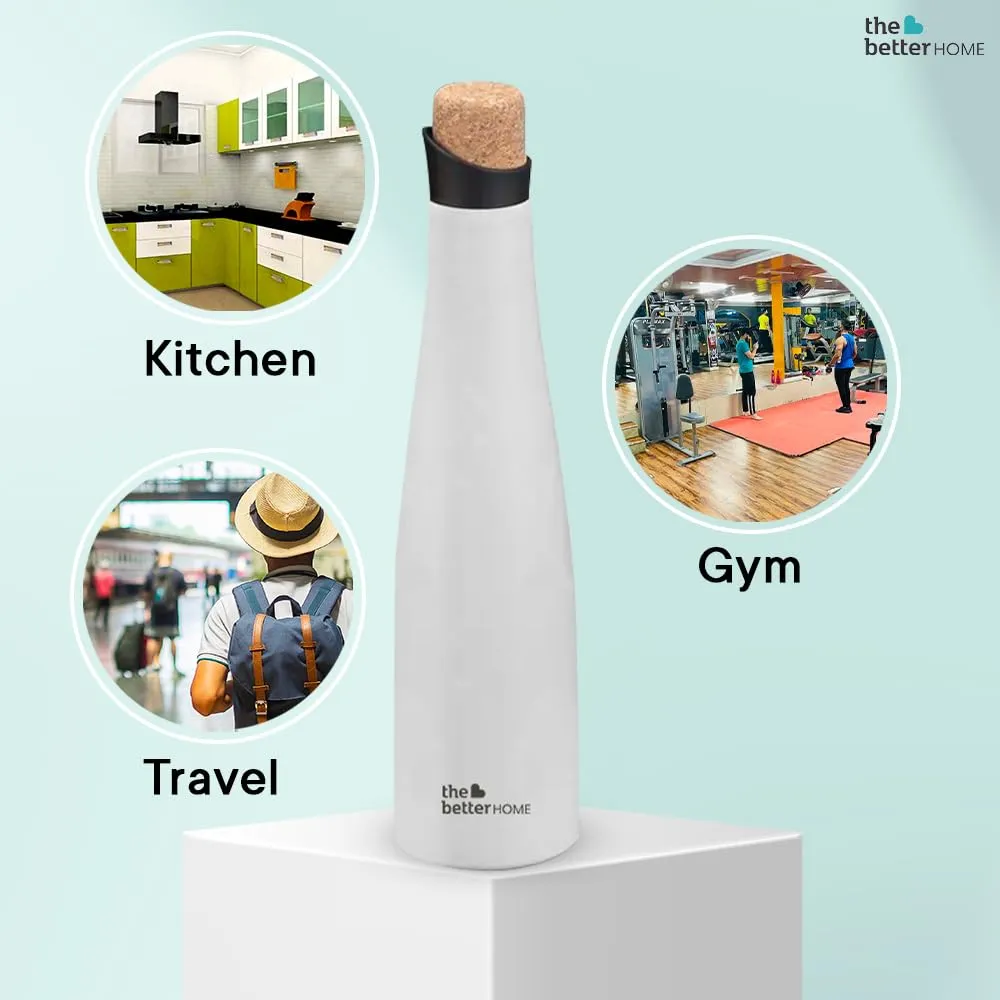 The Better Home Insulated Stainless Steel Water Bottle 750ml | 18 Hours Insulation Cork Cap - Leak Proof - Hot Cold Water | BPA Free | Office School Gym | White Bottle.
