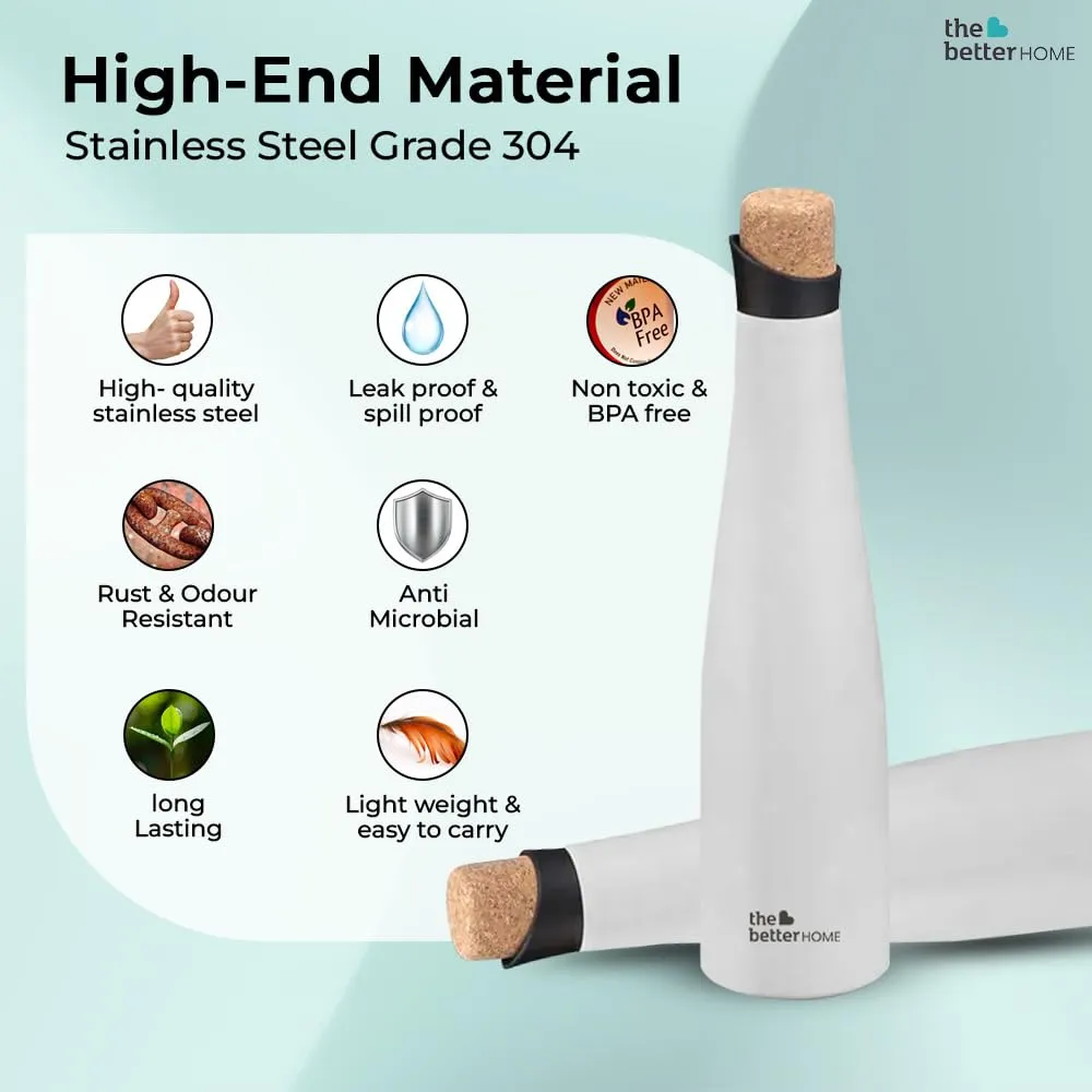 The Better Home Insulated Stainless Steel Water Bottle 750ml | 18 Hours Insulation Cork Cap - Leak Proof - Hot Cold Water | BPA Free | Office School Gym | White Bottle.