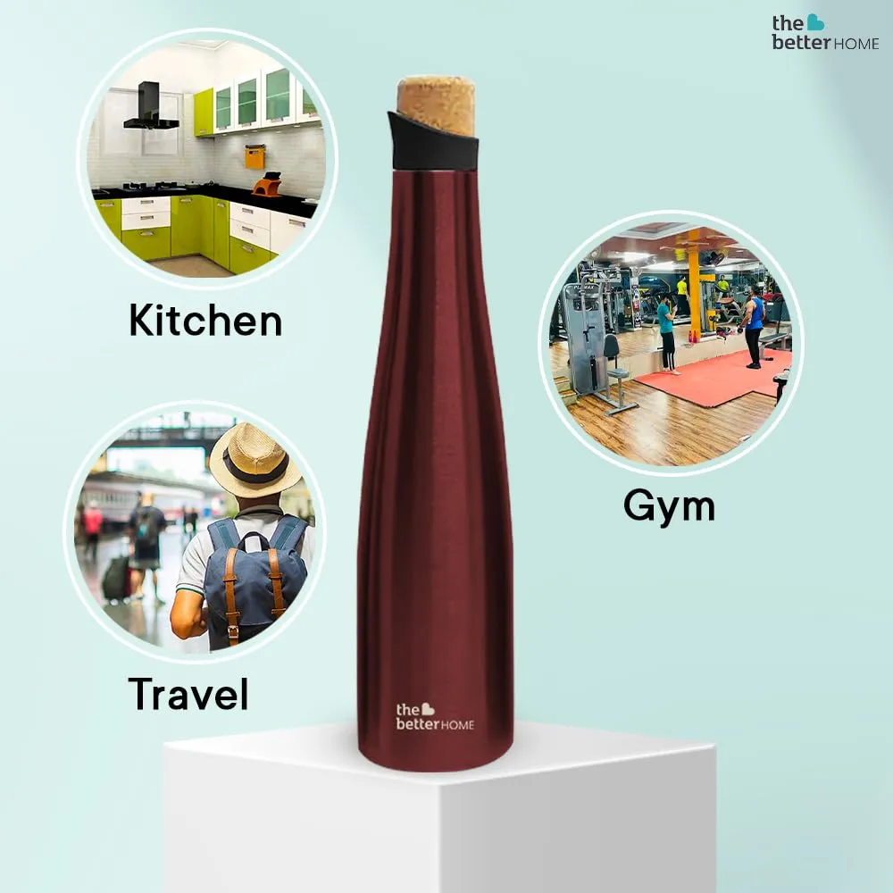 The Better Home Insulated Stainless Steel Water Bottle with Cork Cap | 18 Hours Insulation | Pack of 100-500ml Each | Hot Cold Water for Office School Gym | Leak Proof & BPA Free | Wine Colour