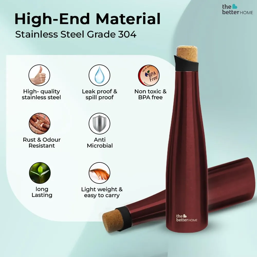 The Better Home Insulated Stainless Steel Water Bottle with Cork Cap | 18 Hours Insulation | Pack of 100-500ml Each | Hot Cold Water for Office School Gym | Leak Proof & BPA Free | Wine Colour