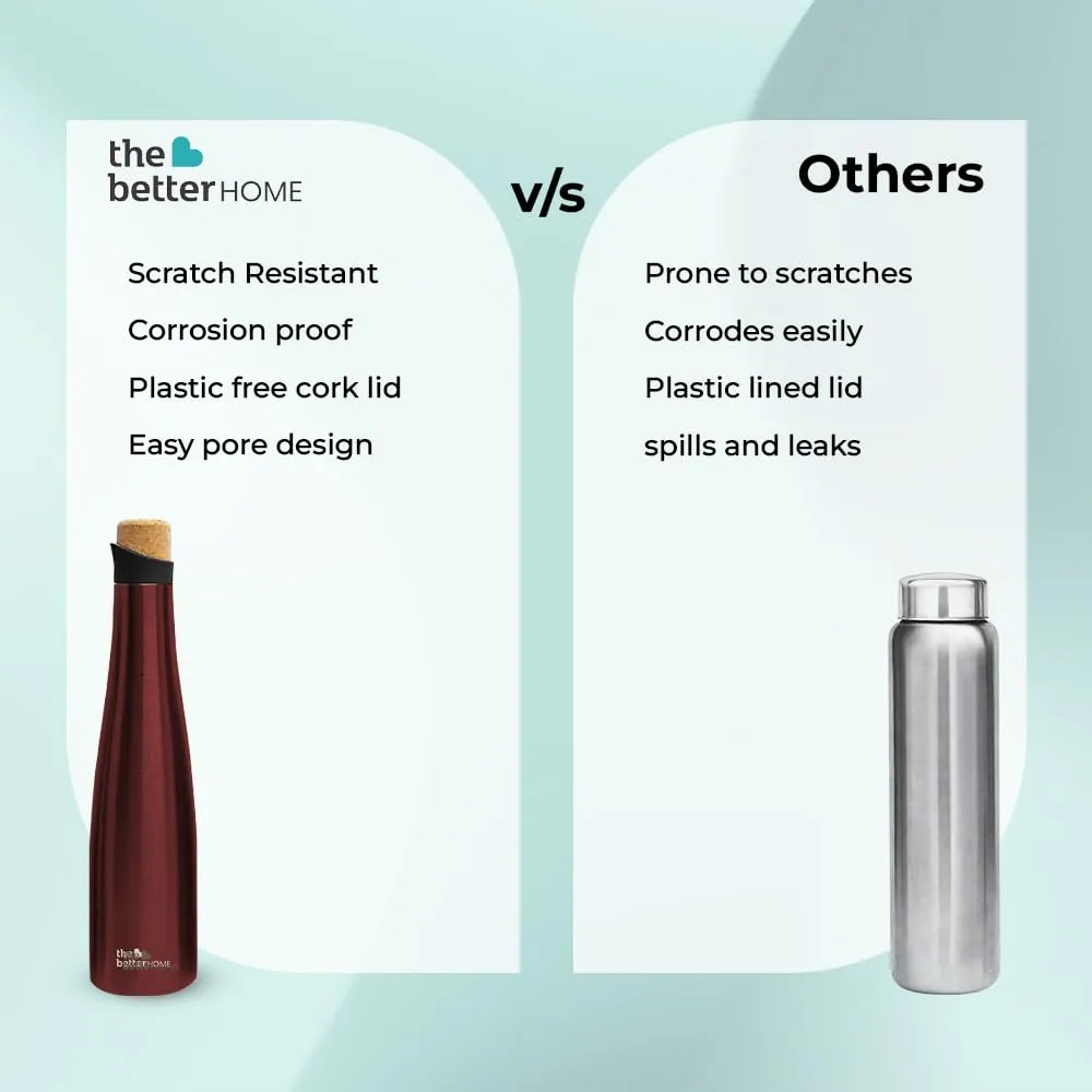 The Better Home Insulated Stainless Steel Water Bottle with Cork Cap | 18 Hours Insulation | Pack of 100-500ml Each | Hot Cold Water for Office School Gym | Leak Proof & BPA Free | Wine Colour