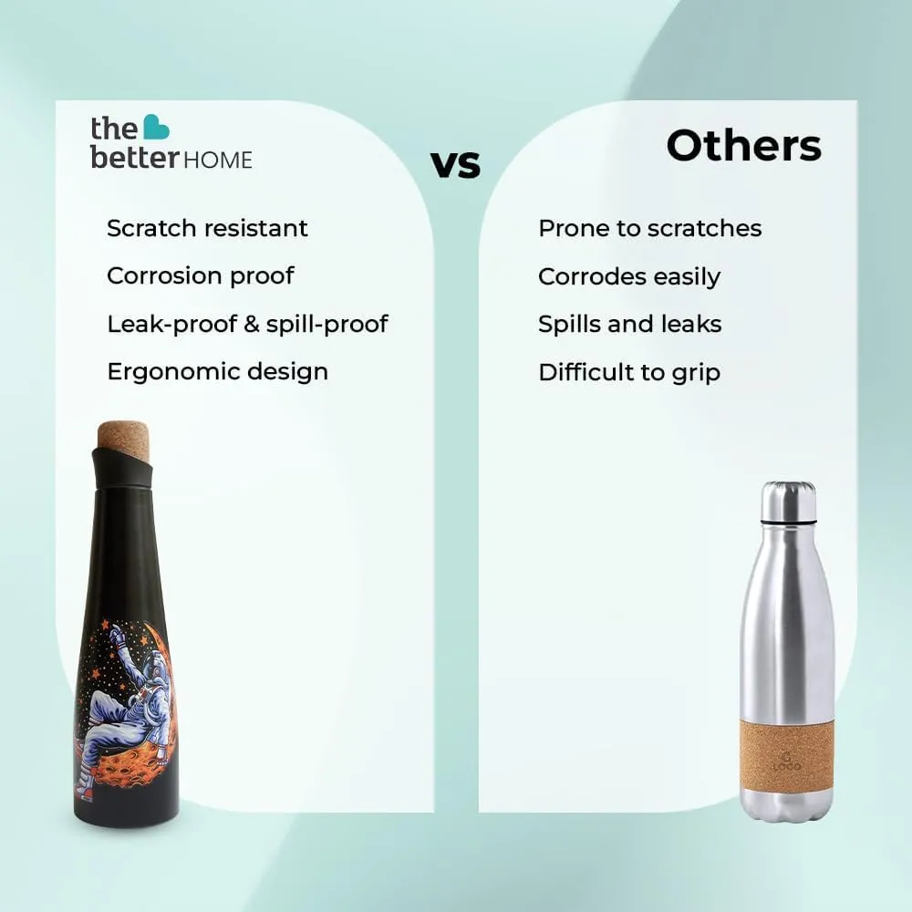 The Better Home Insulated Stainless Steel Water Bottle with Cork Cap | 18 Hours Insulation | Pack of 2-500ml Each | Hot Cold Water for Office School Gym | Leak Proof & BPA Free | Astronaut Design
