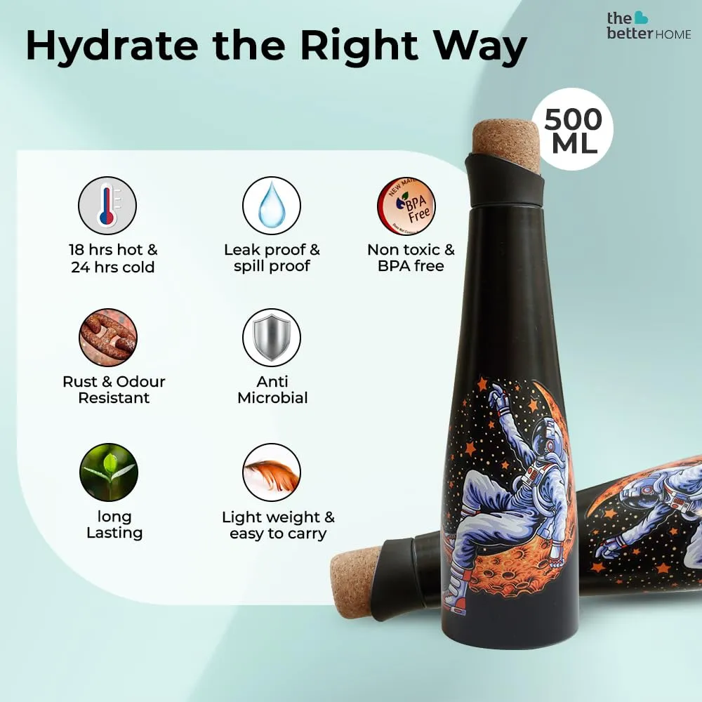 The Better Home Insulated Stainless Steel Water Bottle with Cork Cap | 18 Hours Insulation | Pack of 2-500ml Each | Hot Cold Water for Office School Gym | Leak Proof & BPA Free | Astronaut Design