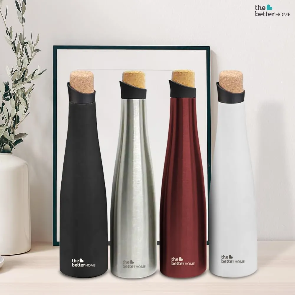 The Better Home Insulated Stainless Steel Water Bottle with Cork Cap | 18 Hours Insulation | Pack of 4-750ml Each | Hot Cold Water for Office School Gym | Leak Proof & BPA Free | Wine Colour