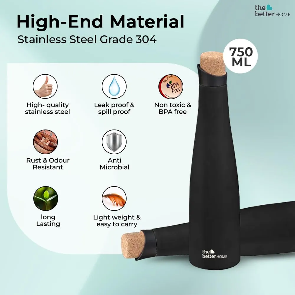 The Better Home Insulated Stainless Steel Water Bottle with Cork Cap | 18 Hours Insulation | Pack of 4-750ml Each | Hot Cold Water for Office School Gym | Leak Proof & BPA Free | Wine Colour