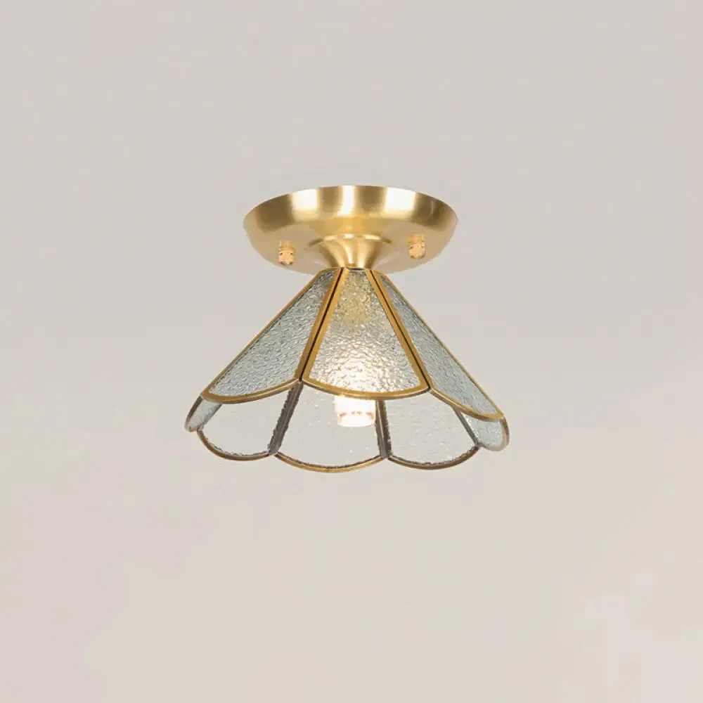 Tiffany Floral Semi Mount 1-Light Glass Ceiling Flush Light in Brass - Ideal for Hallway Décor