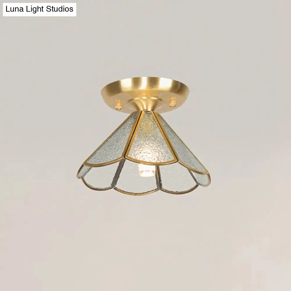 Tiffany Floral Semi Mount 1-Light Glass Ceiling Flush Light in Brass - Ideal for Hallway Décor