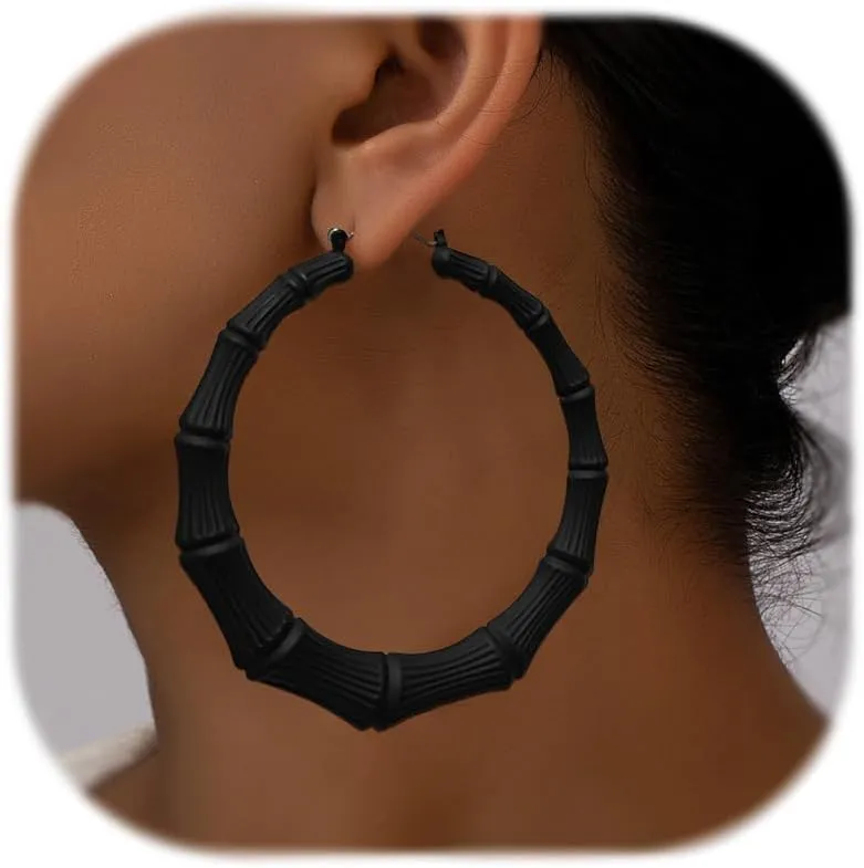 Trendy Bamboo Hoop Earrings - Large Gold Hoops with Black Rose and Red Accents - Hip Hop Jewelry Gifts for Women