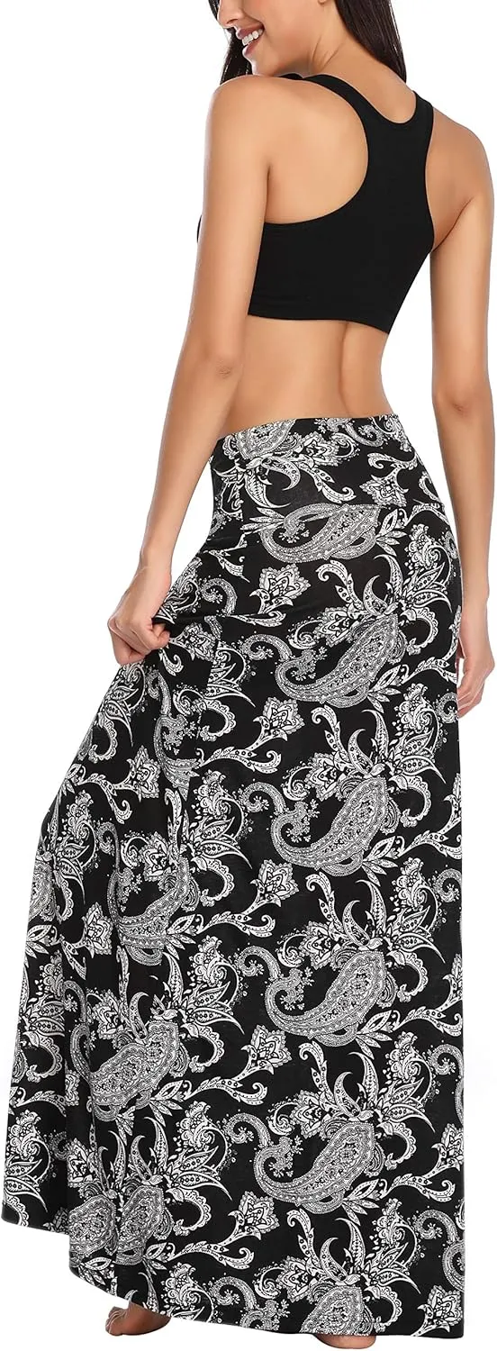 Urban CoCo Women's Stylish Spandex Comfy Fold-Over Flare Long Maxi Skirt