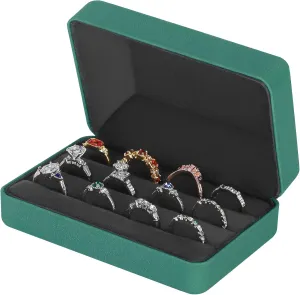 Velet Ring Storage Box for Multiple Rings, Travel Jewelry Ring Stud Earrings Holder Case, 3 Slot Portable Ring Display Organizer Case (Green)