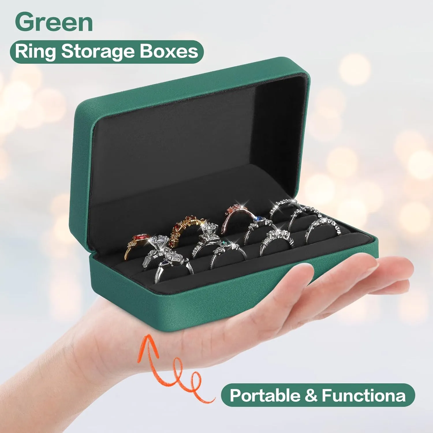 Velet Ring Storage Box for Multiple Rings, Travel Jewelry Ring Stud Earrings Holder Case, 3 Slot Portable Ring Display Organizer Case (Green)