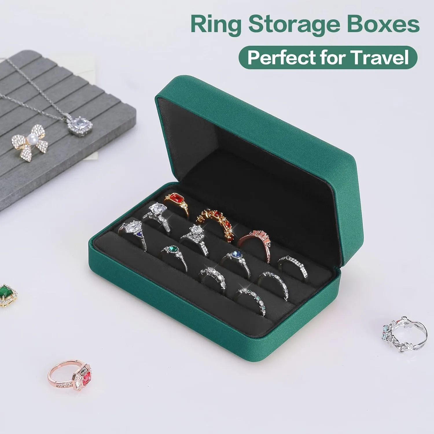 Velet Ring Storage Box for Multiple Rings, Travel Jewelry Ring Stud Earrings Holder Case, 3 Slot Portable Ring Display Organizer Case (Green)