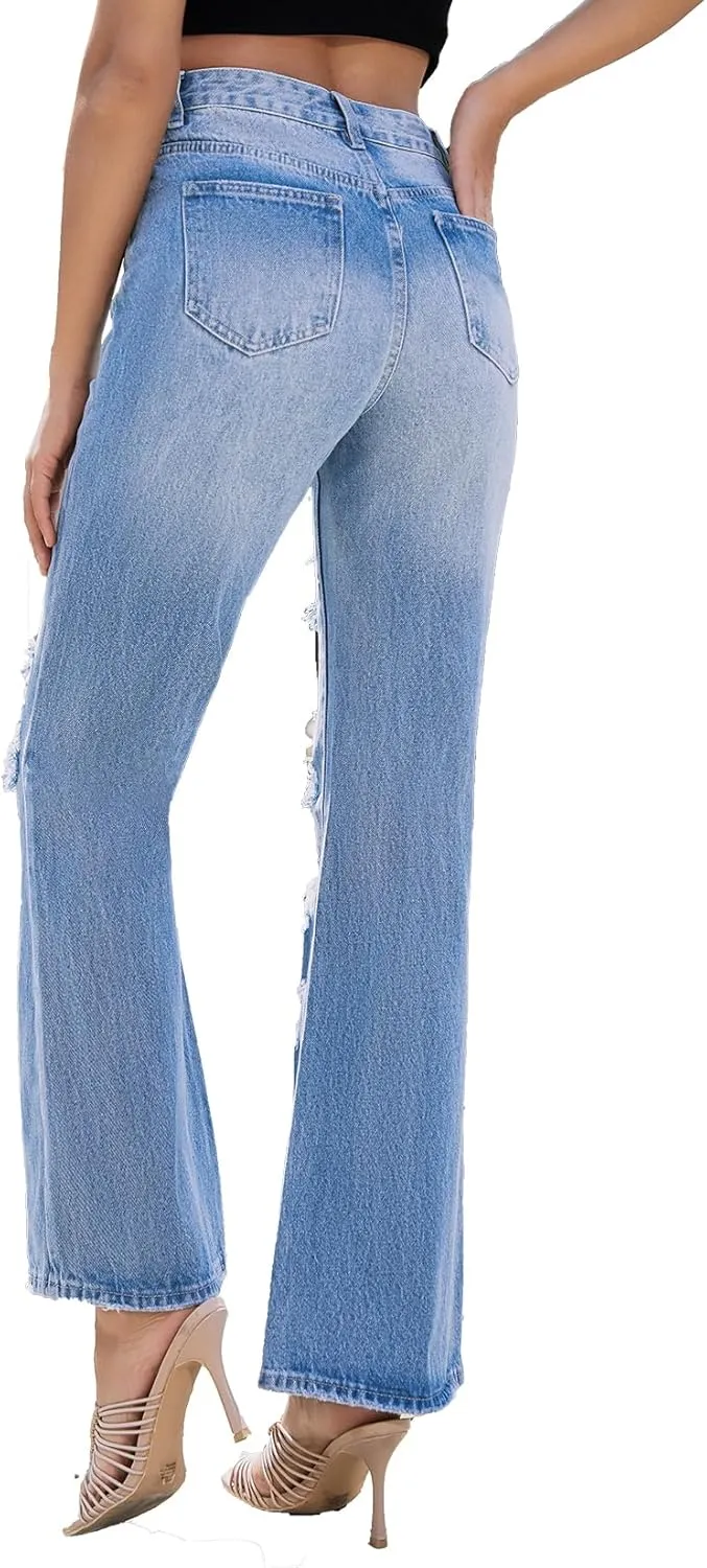 VIPONES High Waisted Ripped Flare Jeans for Women Distressed Bell Bottom Jeans Wide Leg Pants
