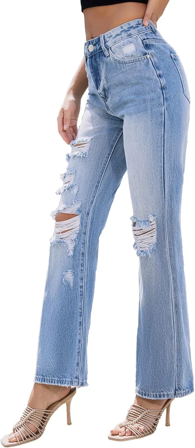 VIPONES High Waisted Ripped Flare Jeans for Women Distressed Bell Bottom Jeans Wide Leg Pants