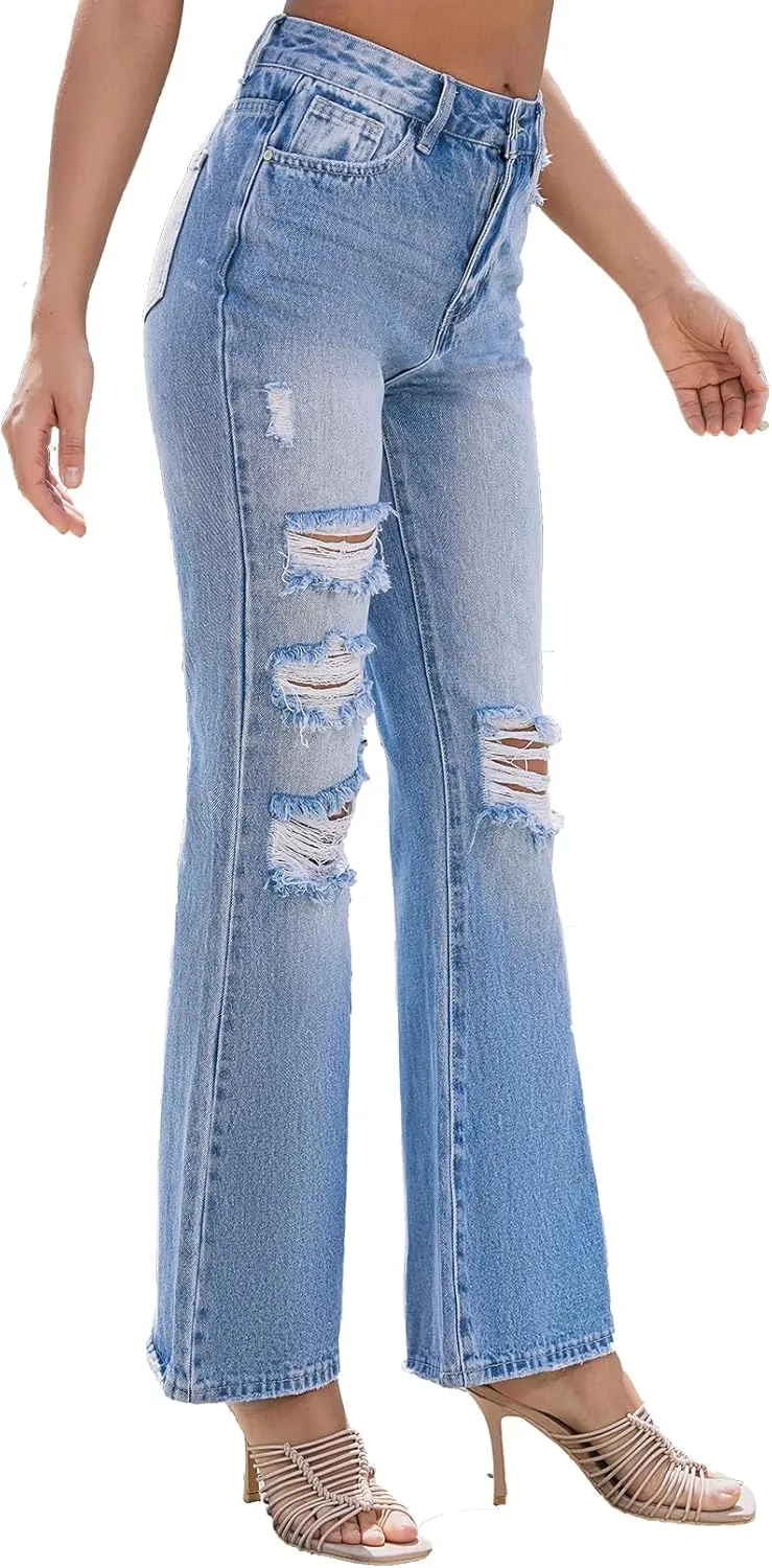 VIPONES High Waisted Ripped Flare Jeans for Women Distressed Bell Bottom Jeans Wide Leg Pants