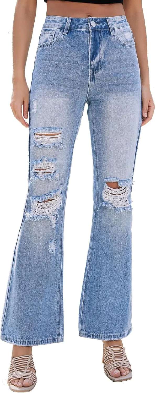 VIPONES High Waisted Ripped Flare Jeans for Women Distressed Bell Bottom Jeans Wide Leg Pants