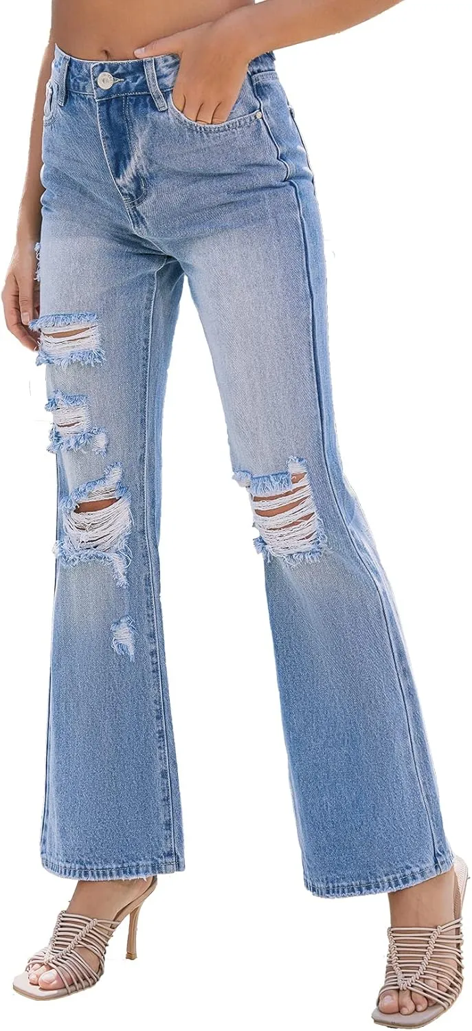 VIPONES High Waisted Ripped Flare Jeans for Women Distressed Bell Bottom Jeans Wide Leg Pants