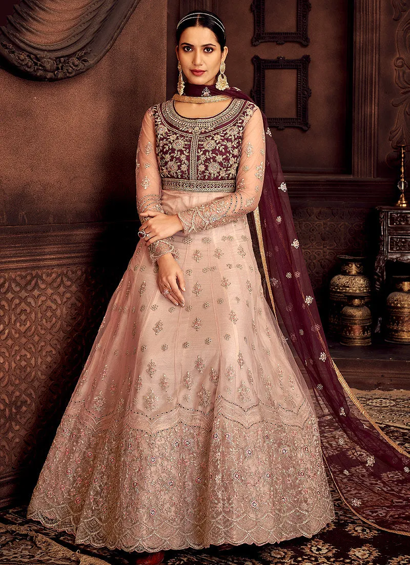 Wine And Pink Zari Embroidered Wedding Anarkali Suit