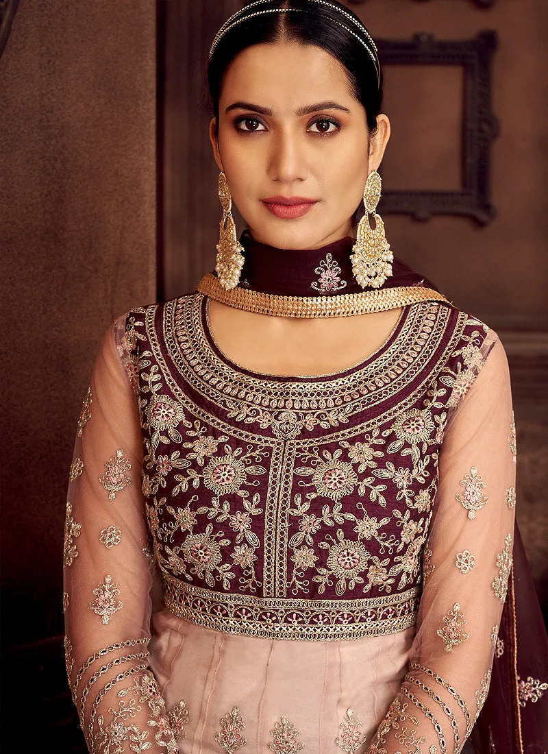 Wine And Pink Zari Embroidered Wedding Anarkali Suit