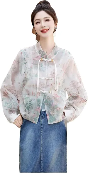 Women Chinese Style Embroidery Thin Shirt Retro Temperament Stand Collar Button Tassel Cardigan