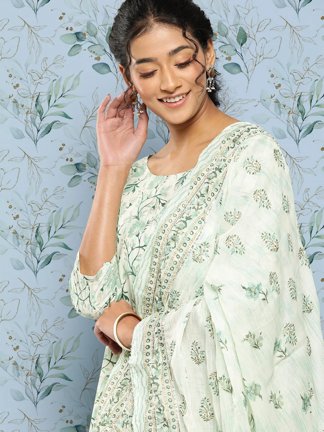 Women Green Printed Anarkali Kurta With Trouser And Dupatta