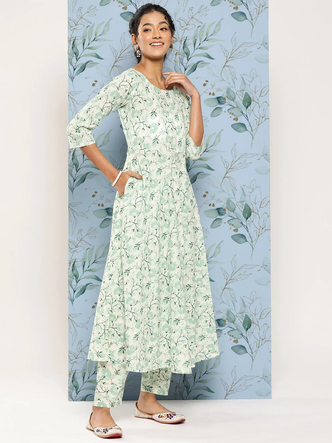Women Green Printed Anarkali Kurta With Trouser And Dupatta
