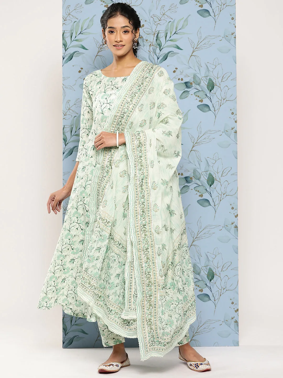Women Green Printed Anarkali Kurta With Trouser And Dupatta