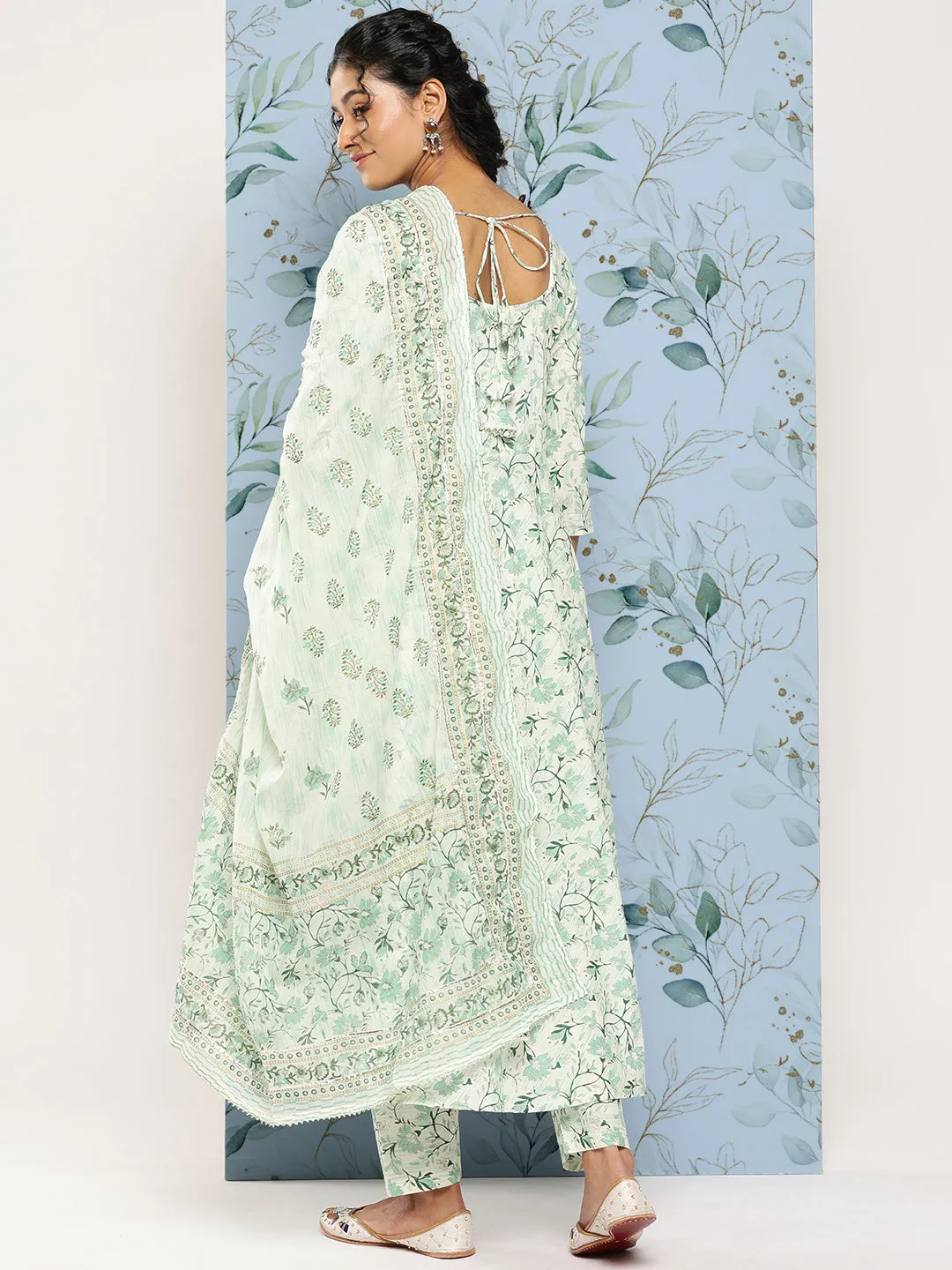 Women Green Printed Anarkali Kurta With Trouser And Dupatta