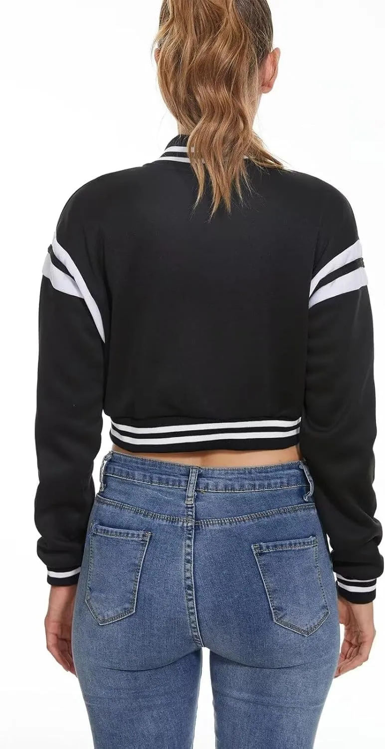 Women's Baseball Jacket Crop Coat Varsity Style Lightweight Sportswear School Uniform with Snap Button for Girls