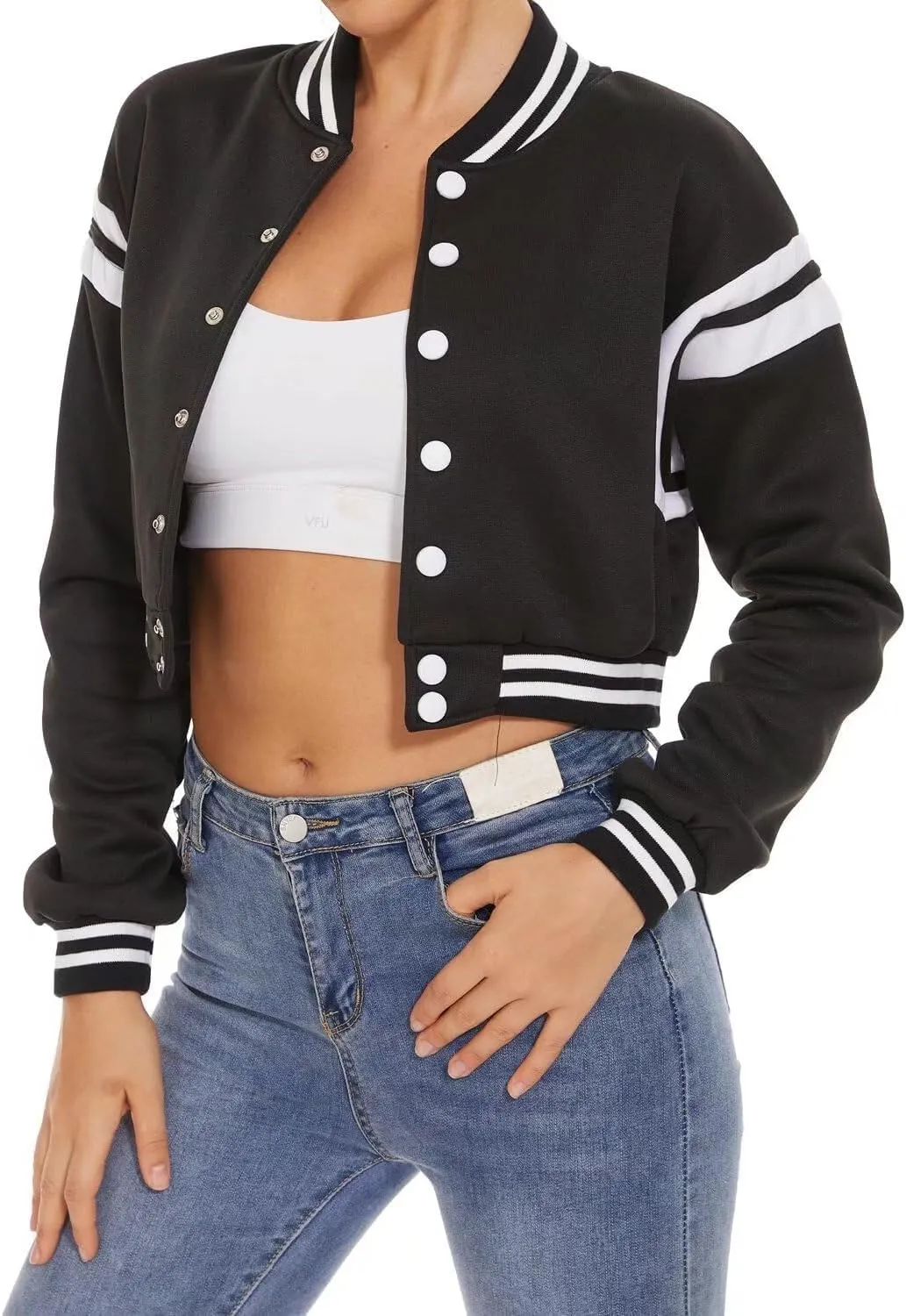 Women's Baseball Jacket Crop Coat Varsity Style Lightweight Sportswear School Uniform with Snap Button for Girls