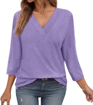 Women's V Neck 3/4 Sleeve Casual Tops Basic Solid Tees Loose Fit Summer Blouses Relaxed Tunic Shirts Daily Wear